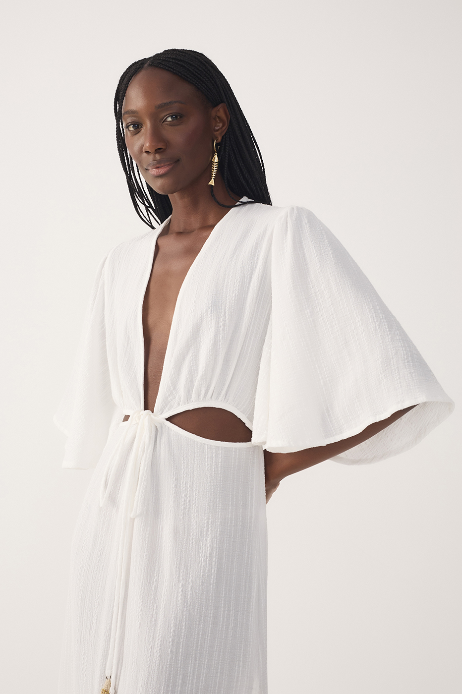 Off-White Plunging Neck Cut-Out Front Ties Maxi Dress_6
