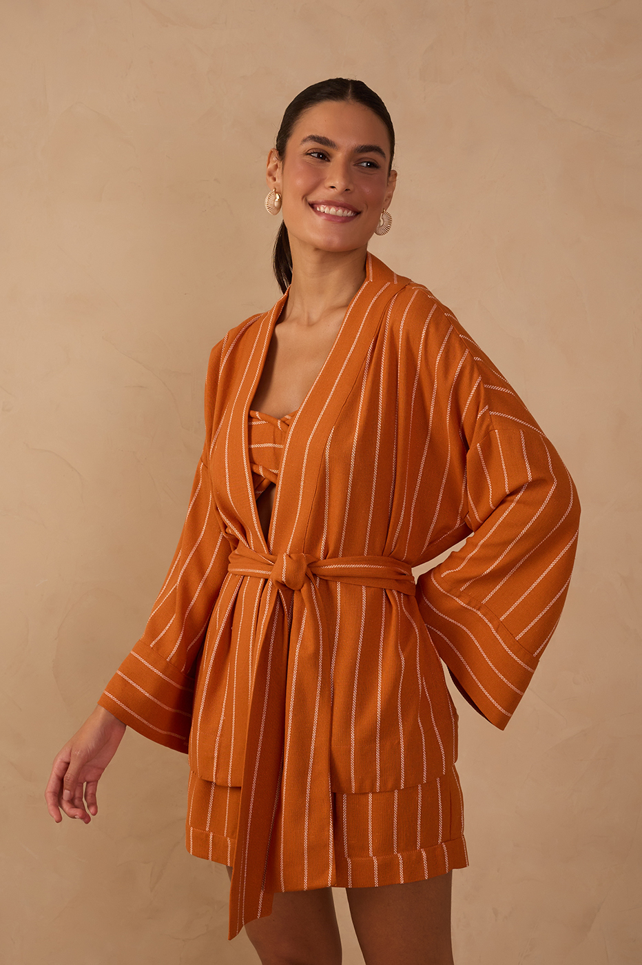 Ochre Striped Open Belted Linen Kimono_1