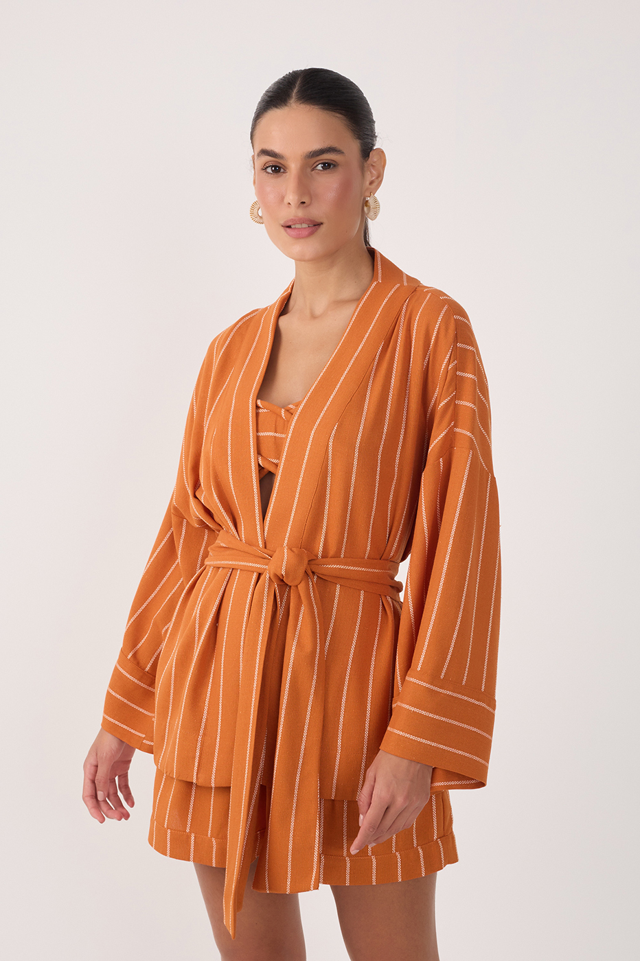 Ochre Striped Open Belted Linen Kimono_2