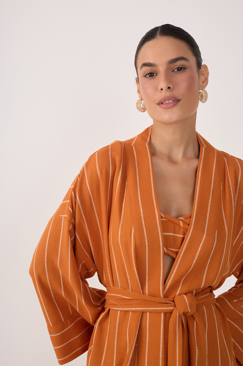 Ochre Striped Open Belted Linen Kimono_3