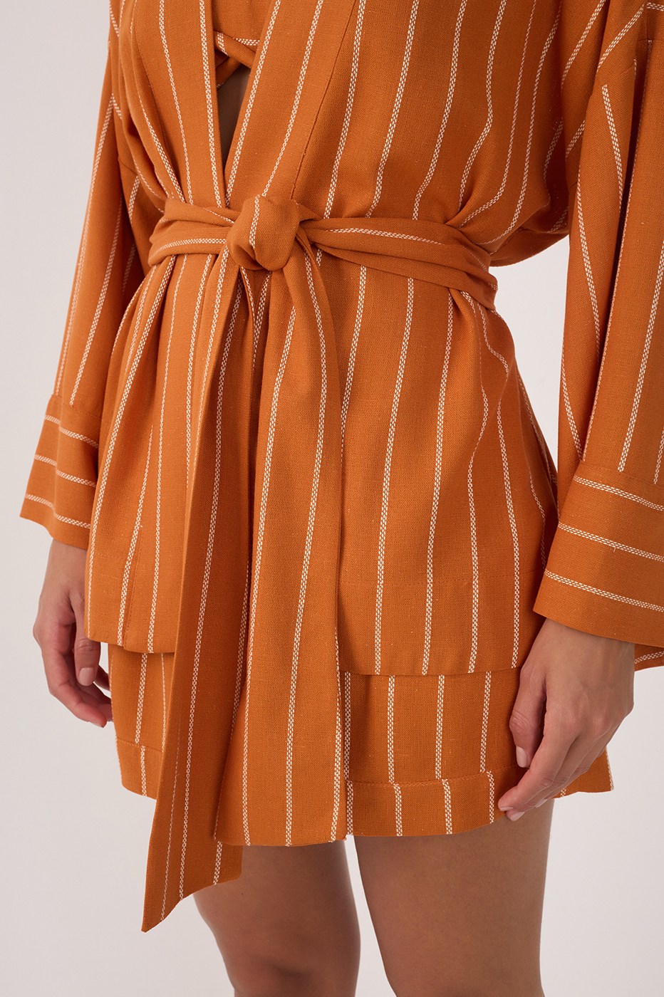 Ochre Striped Open Belted Linen Kimono_4