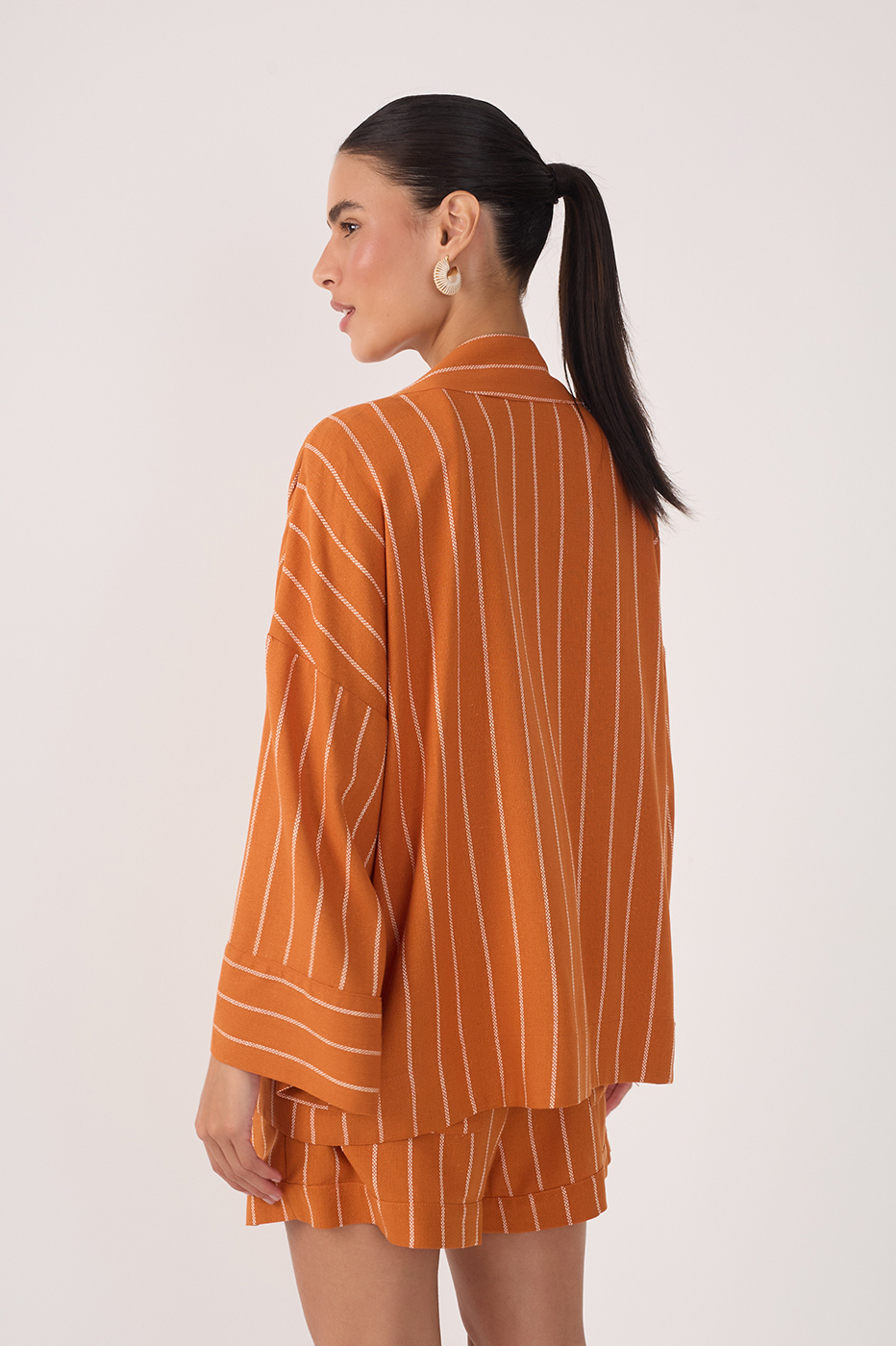 Ochre Striped Open Belted Linen Kimono_5