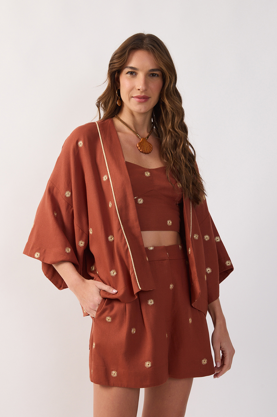 Brown Embroidered Lurex Linen Kimono_3