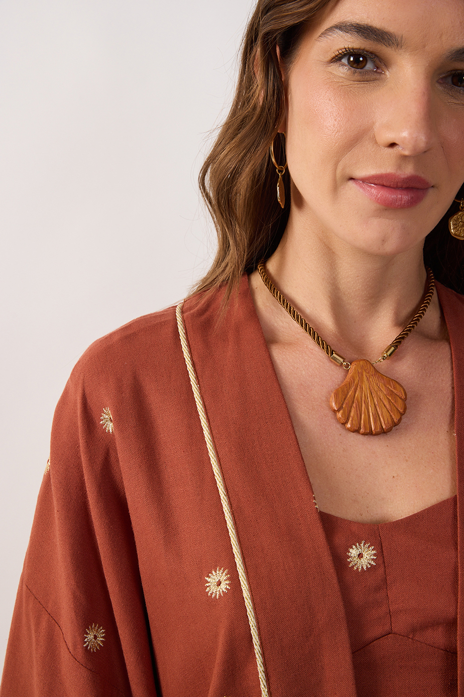 Brown Embroidered Lurex Linen Kimono_5