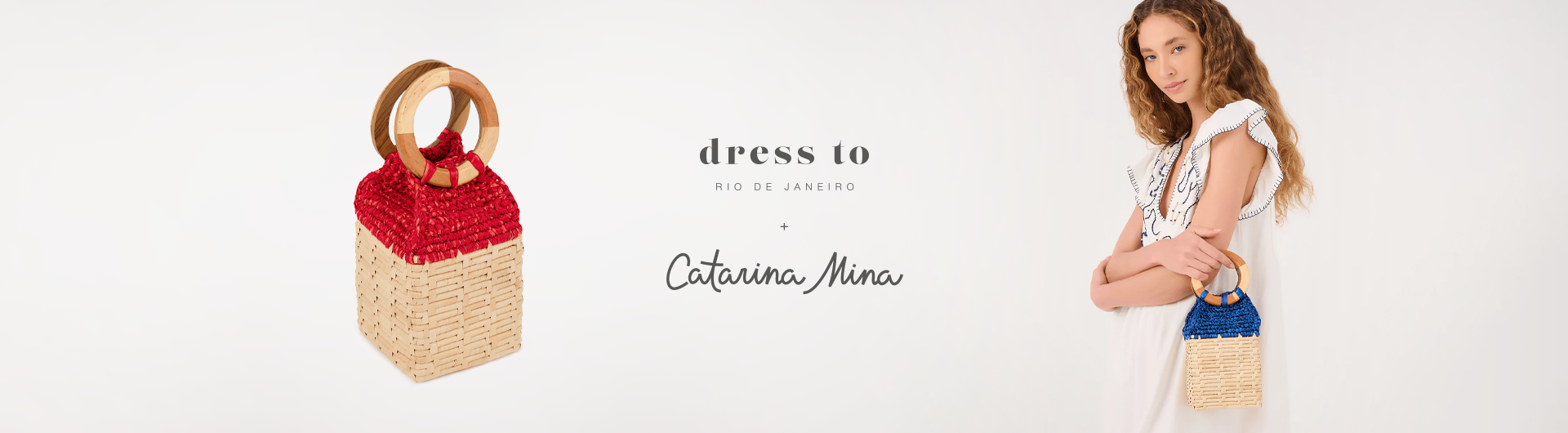 Dress To x Catarina Mina desktop banner featuring red and beige woven handbags and a woman in a white dress holding a blue woven bag