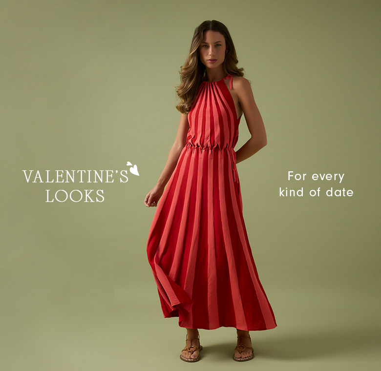 Valentine's Looks mobile banner showing a woman in a red and pink striped pleated dress with the text For every kind of date