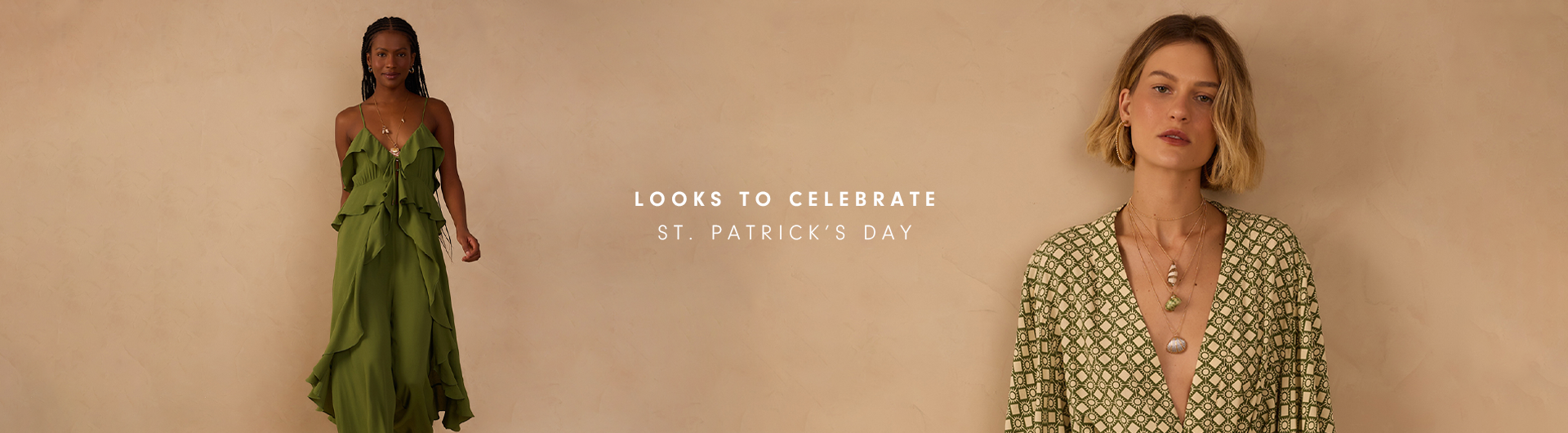 Wide banner for St. Patrick's Day celebration looks featuring two models in green outfits