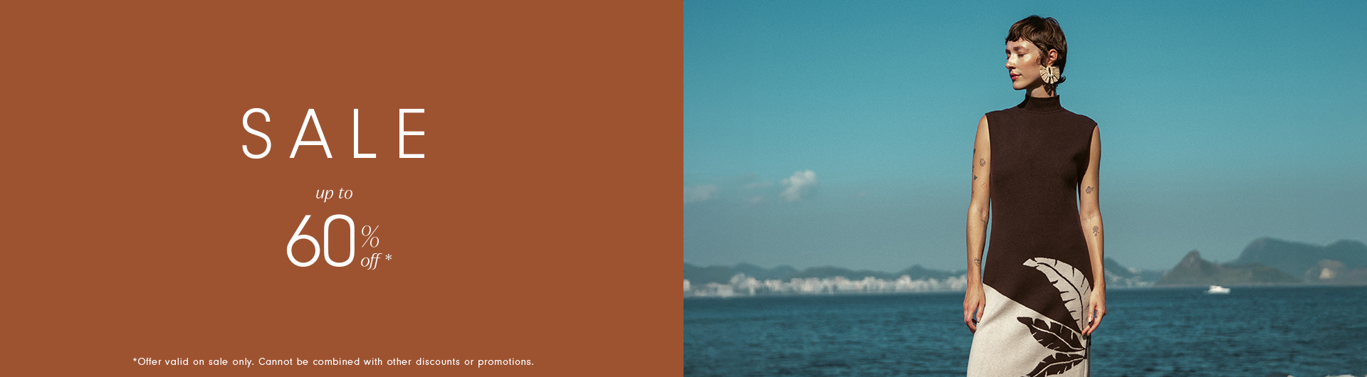 Wide sale banner advertising up to 60% off, with an orange section on the left displaying the SALE text and a photo on the right of a woman in a brown sleeveless top and leaf-patterned skirt standing in front of the Rio de Janeiro coastline.