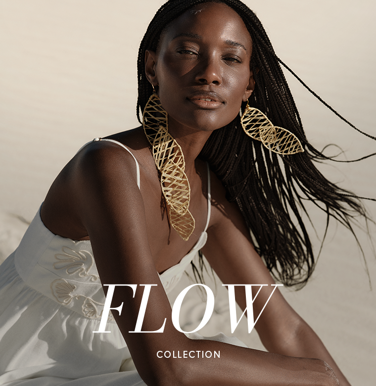 Dress To Flow Collection ambient square banner featuring a close-up of a model wearing a white dress and large gold statement earrings with the text Flow Collection
