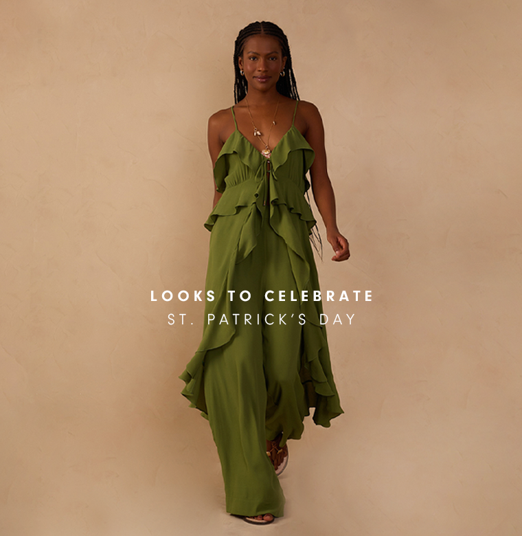 Model wearing green ruffled maxi dress for St. Patrick's Day celebration looks