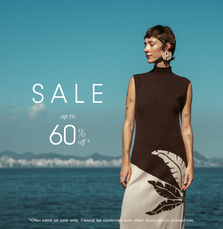 Sale banner showcasing up to 60% off, featuring a woman in an elegant brown sleeveless turtleneck dress with a white leaf-patterned skirt standing by the sea in Rio de Janeiro.
