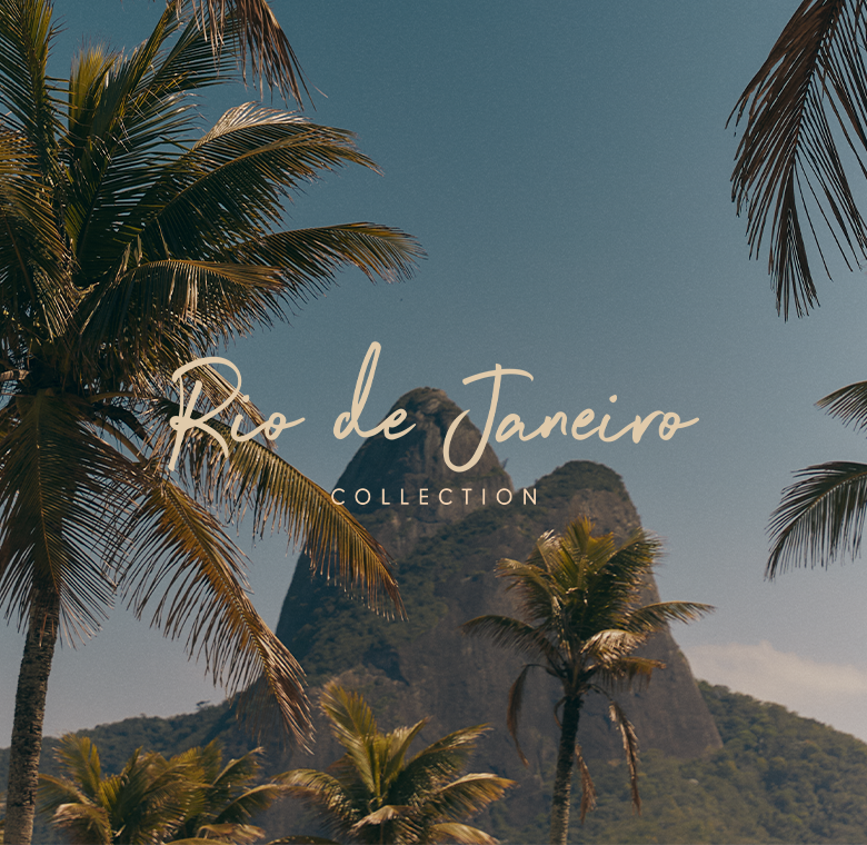 A graphic of the Two Brothers (Dois Irmãos) mountain in Rio de Janeiro, framed by palm trees. White text overlay reads "Rio de Janeiro" in a script font and "COLLECTION" below it.