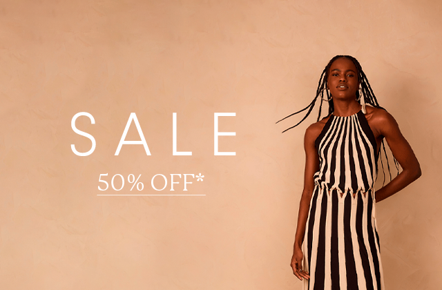 Mobile sale banner of a Black woman with braids wearing a black and white striped halter dress against a beige background, with text "Sale 50% Off".