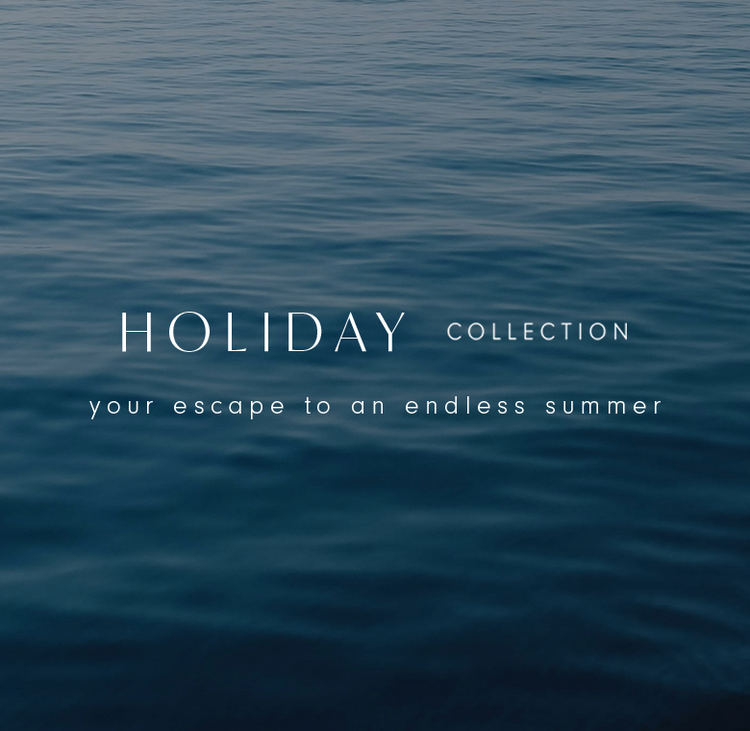 Mobile promotional banner with text overlaying a dark blue image of rippling water. The text reads: 'HOLIDAY COLLECTION, your escape to an endless summer.