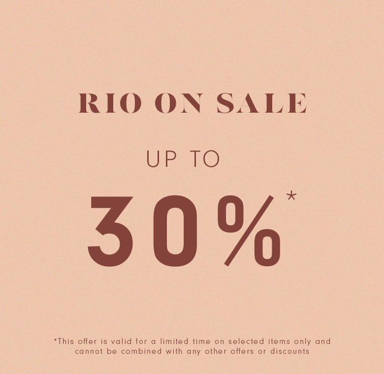 Peach-colored sale graphic with dark red text. It reads "RIO ON SALE," followed by "UP TO" and "30%." Below is fine print that says, "This offer is valid for a limited time on selected items only and cannot be combined with any other offers or discounts."