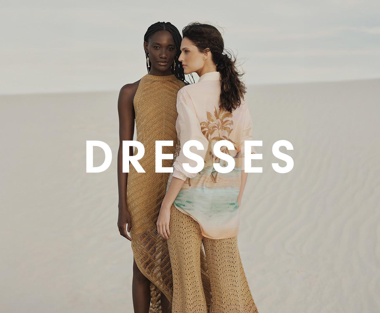 Catalog banner promoting 'DRESSES.' Features two models: one in a solid knit dress and the other in a patterned knit outfit, posing outdoors on a sandy landscape.