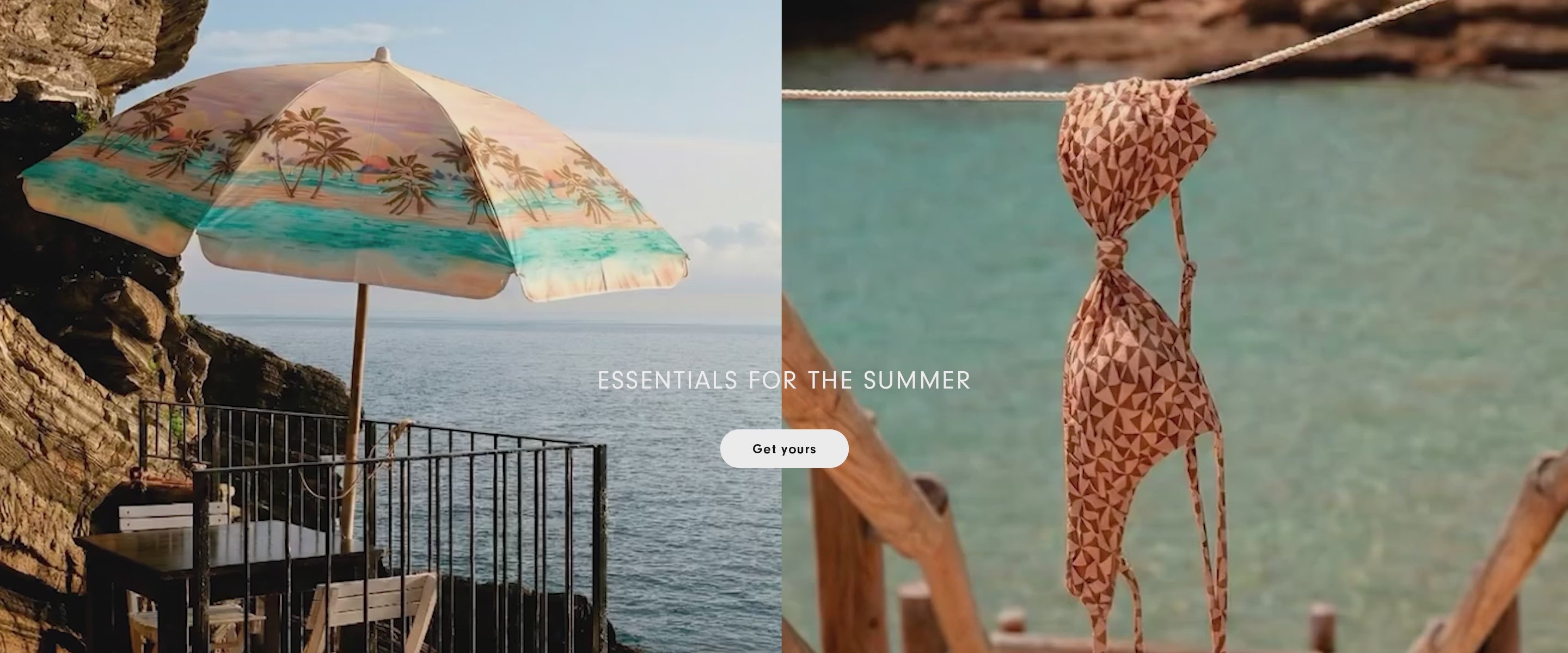 Split-screen beach scene with a decorative palm tree umbrella overlooking the ocean on the left, and a close-up of a bikini top on the right, with the text "Essentials for the Summer"